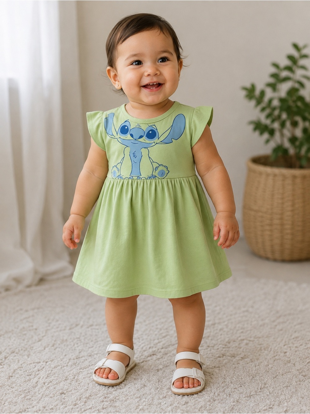 Toddler Green Stitch Graphic Flutter-Sleeve Dress